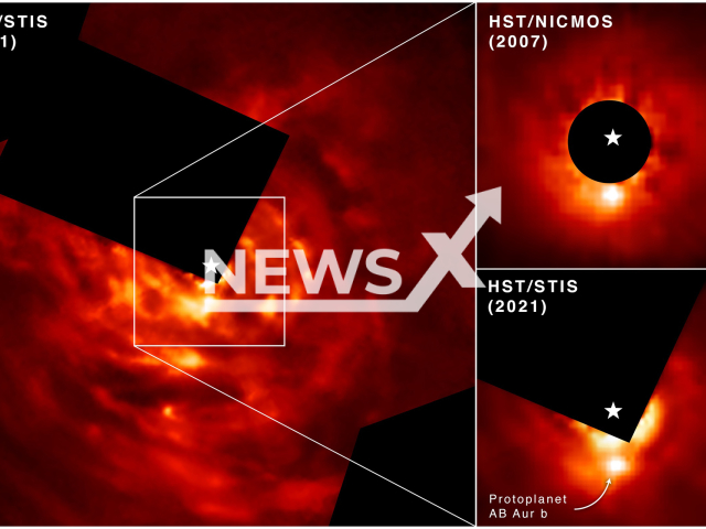 Researchers were able to directly image newly forming exoplanet AB Aurigae b over a 13-year span using Hubble’s Space Telescope Imaging Spectrograph (STIS) and its Near Infrared Camera and Multi-Object Spectrograph (NICMOS). In the top right, Hubble’s NICMOS image captured in 2007 shows AB Aurigae b in a due south position compared to its host star, which is covered by the instrument’s coronagraph. The image captured in 2021 by STIS shows the protoplanet has moved in a counterclockwise motion over time. Note: NASA photo. (NASA, ESA, Thayne Currie (Subaru Telescope, Eureka Scientific Inc./Newsflash)