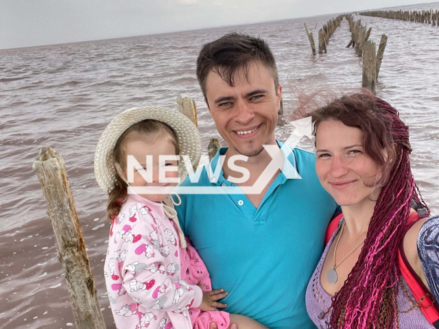 Photo shows Roman Glushakov, with his wife, Yekaterina Shulepova, and their daughter, Katerina, undated. Roman allegedly killed his daughter before turning the gun on himself in Pushkino, Russia, Friday, July 14, 2023. Note: Picture is private (Roman Glushakov/Newsflash)