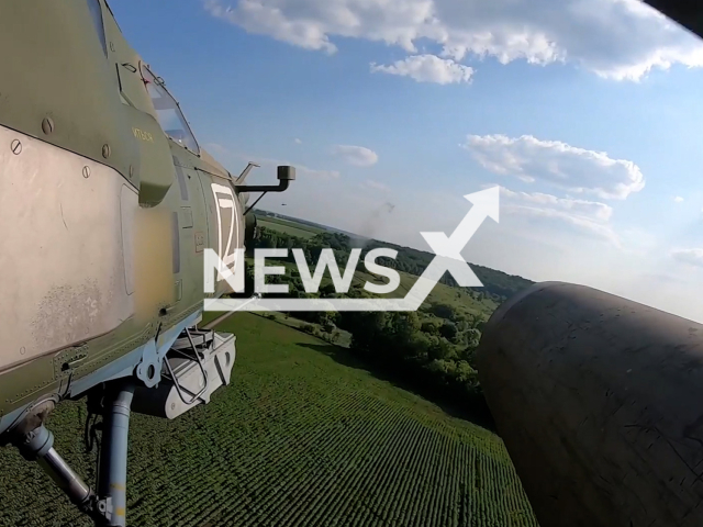 Russian Ka-52 attack helicopters destroy Ukrainian military positions on the frontlines in Ukraine in undated footage. The footage was released by Russian MoD on Tuesday, Jul. 18, 2023.
Notes: Photo is screen from a video. (Ministry of Defense of Russia/Newsflash)