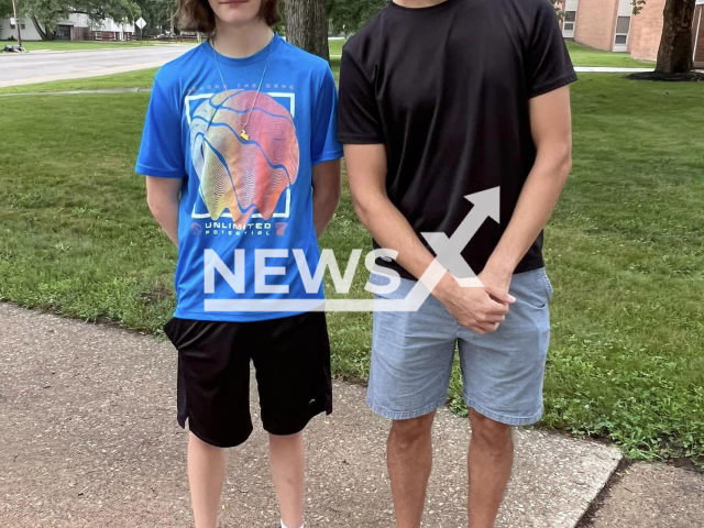 Math teacher Eddie McCarthy, (right)  poses with student Roman McCormick, 15,(left)  undated.  
The math teacher is getting ready to donate a kidney to his high school student who has  branchiootorenal or BOR syndrome, in Toledo, Ohio, USA, in July, 2023
Note: Photo provided by Washington Local Schools. (Washington Local Schools/Newsflash)