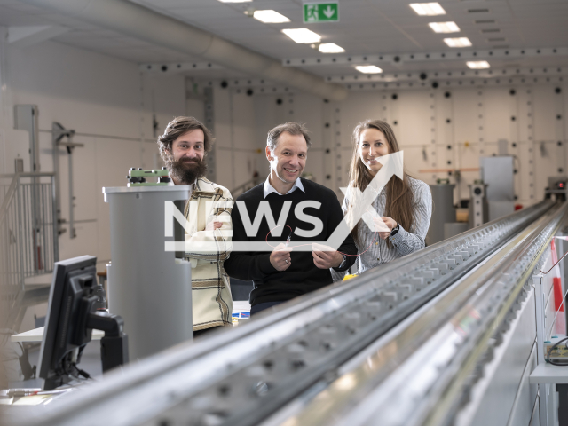 Image shows (from left to right) Vlad Dumitru, Werner Lienhart and Lisa Strasser from the Institute of Engineering Geodesy and Measurement Systems at TU Graz, Austria, undated photo. They developed a measurement method that uses exciting fibre optic lines to detect landslides earlier. Note: Licensed content. (Lunghammer - TU Graz/Newsflash)