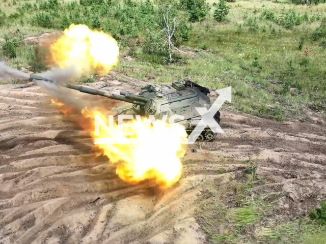 Russian 152-mm self-propelled artillery mounts (SAU) 2S19 "Msta-S" fire at Ukrainian military position near Lyman in Donetsk Oblast in Ukraine in undated footage. The footage was released by Russian MoD on Wednesday, Jul. 19, 2023.
Notes: Photo is screen from a video. (Ministry of Defense of Russia/Newsflash)