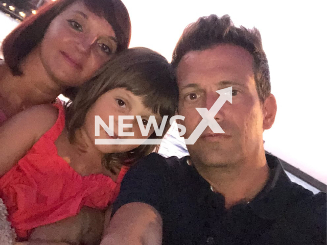 Image shows Simon Wroebel, 42, Marinela Brunner, 38, and their daughter Olivia, 5, undated photo. They were stuck at an airport in the city of Chania, Crete, Greece, for more than 26 hours in July 2023. Note: Private photo. (Newsflash)