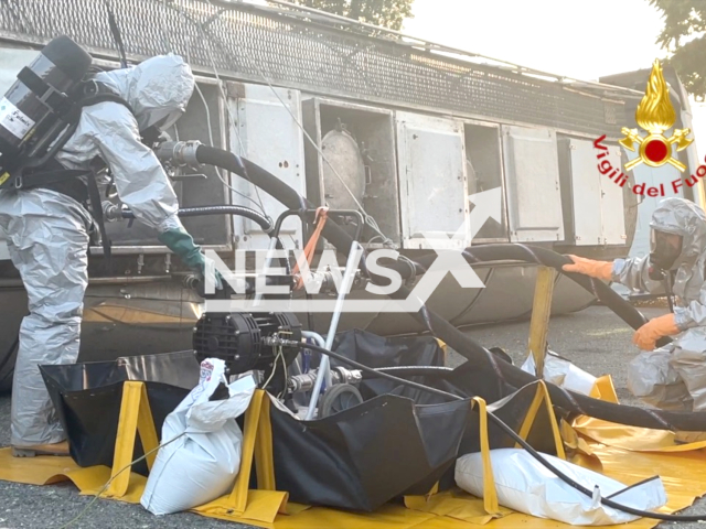 A sulfuric acid tanker accident triggers NBCR core's ongoing safety transfer operations in Spinetta Marengo, Italy on the 18th of July 2023. Note: This picture is from National Fire Brigade. (National Fire Brigade/Clipzilla)