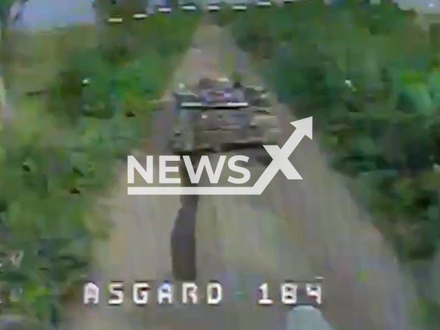 Ukrainian FPV kamikaze drone destroys Russian T-90 tank near Bakhmut in Ukraine in undated footage. The footage was released by Office of Strategic Communications on Wednesday, Jul. 19, 2023.
Notes: Photo is screen from a video. (@AFUStratCom/Newsflash)