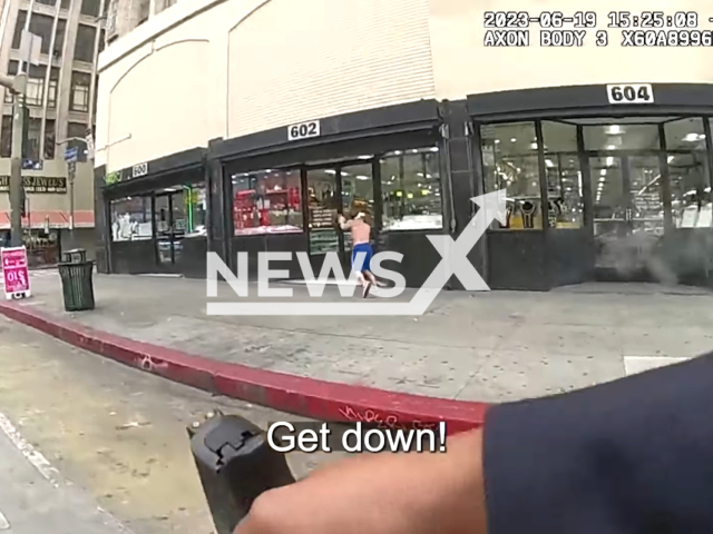 Picture shows the arrest of a suspect that was reported to be armed with a crowbar the incident happened in Los Angeles County, California, United States on the 19th of June 2023. Note: this picture is a screenshot from the video. (Los Angeles Police Department/Clipzilla)