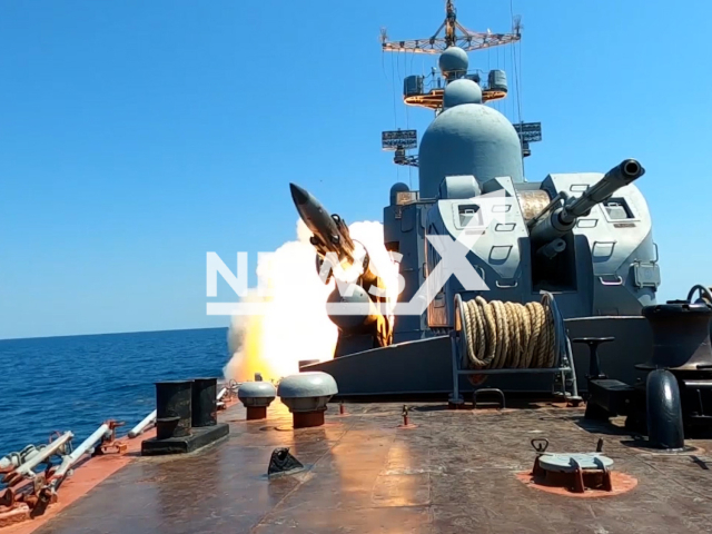 Russian ships perform missile firing at sea targets during exercises in the Black Sea in undated footage. The footage was released by the Russian MoD on Friday, Jul. 21, 2023.
 Notes: Photo is screen from a video. (@mod_russia/Newsflash)