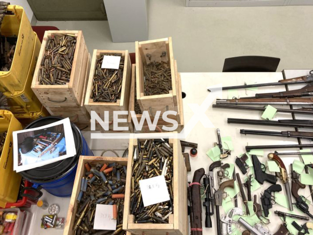 Image shows the seized weapons and ammunition, undated photo. They were found in the town of Herborn,  Lahn-Dill district,  Hesse State, Germany. Note: Licensed content. (Lahn-Dill-Kreis/Newsflash)