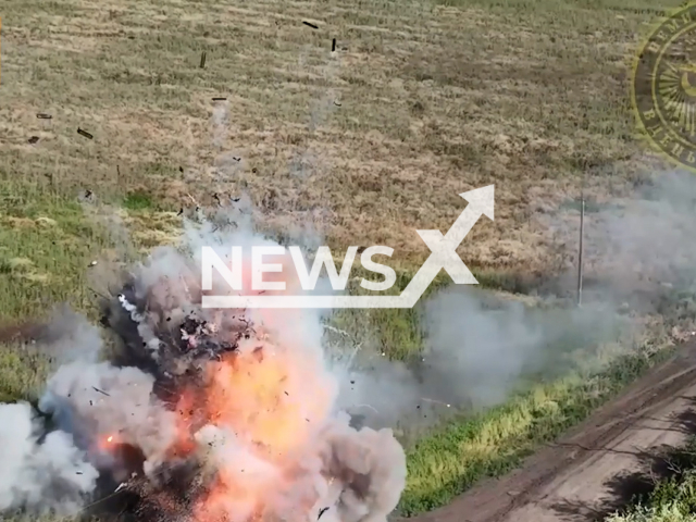 Ukrainian kamikaze drone destroys Russian armoured personnel carrier in a powerful blast in Ukraine in undated footage. The footage was released by the 36th separate marine brigade on Monday, Jul. 24, 2023.
Notes: Photo is screen from a video. (@36obmp/Newsflash)