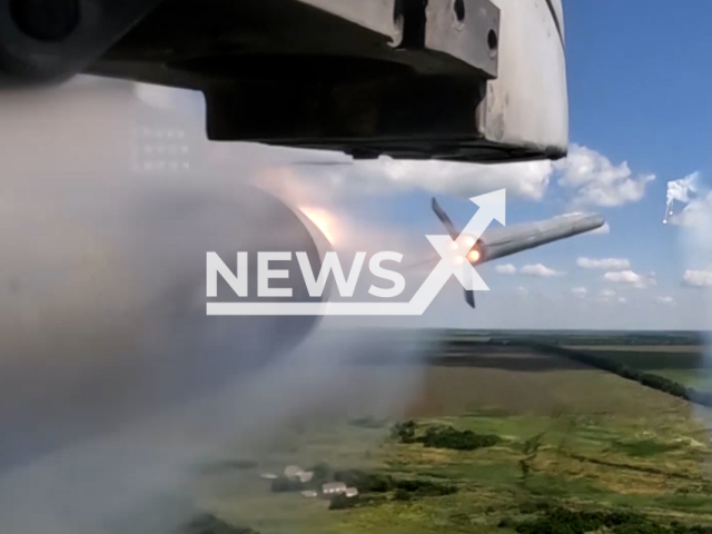 Russian Su-25s launch missiles at Ukrainian fortified field positions and armored vehicles on the frontlines in Ukraine in undated footage. The footage was released by the Russian MoD on Monday, Jul. 24, 2023.
Notes: Photo is screen from a video. (Ministry of Defense of Russia/Newsflash)