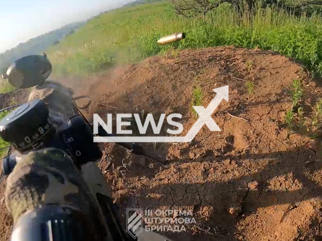 Ukrainian fighters successfully neutralized and destroyed Russian military forces in the Russian-controlled area near Bakhmut in Ukraine in undated footage. The footage was released by the commander of the 3rd separate assault brigade on Monday, Jul. 24, 2023.
Notes: Photo is screen from a video. (@ab3army/Newsflash)