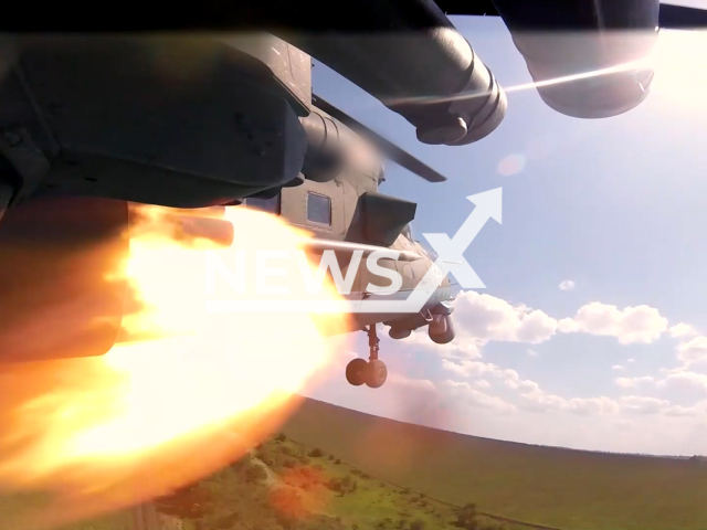 Russian Mi-35 combat helicopters fire missiles at Ukrainian military positions in the Kupyansk direction in Ukraine in undated footage. The footage was released by the Russian MoD on Tuesday, Jul. 25, 2023.
Notes: Photo is screen from a video. (Ministry of Defense of Russia/Newsflash)