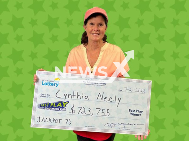 Photo shows Cynthia Neely of Gold Hill, Rowan County in North Carolina, undated. Her $10 Fast Play purchase turned into a $723,755 jackpot.
Note: Licensed photo(NC Education Lottery/Newsflash).