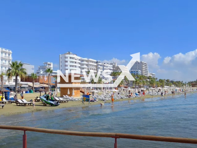 Picture shows Finikoudes beach, in Larnaca, Cyprus, undated. A 42-year-old man was pulled unconscious from the sea and was pronounced dead upon arrival at the hospital, on Monday, July 23, 2023.  Note: This picture is a screenshot from the video. (Newsflash)