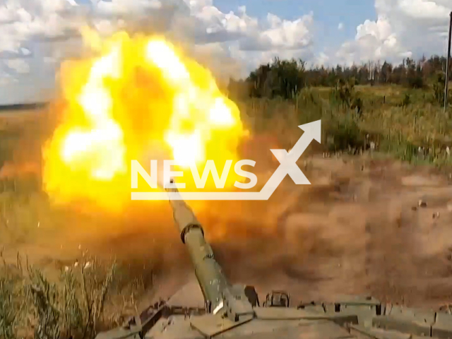 Russian T-90M "Breakthrough" tanks fire at Ukrainian strongholds near Lyman in Ukraine in undated footage. The footage was released by the Russian MoD on Tuesday, Jul. 25, 2023.
Notes: Photo is screen from a video. (Ministry of Defense of Russia/Newsflash)