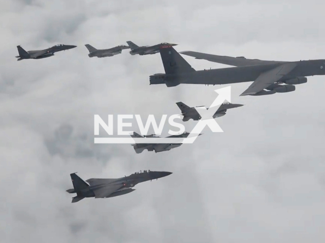 The Republic of Korea Air Force and United States Air Force fighter aircraft escort a U.S. Air Force B-52H Stratofortress over the Republic of Korea during a combined aerial training event 13 July 2023. Note: Picture is a screenshot from a video (U.S. Forces Korea/Clipzilla)