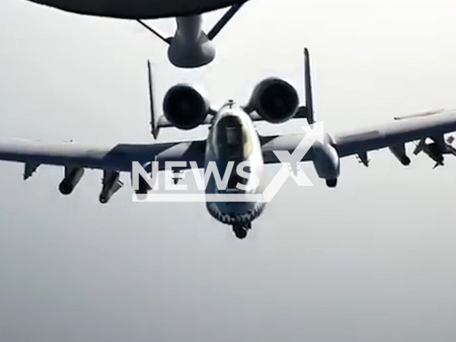 U.S. Air Forces Central KC-135s ensure mission success, providing mid-air refueling support to A-10 Thunderbolt II pilots over the Strait of Hormuz between the Persian Gulf and the Gulf of Oman on 23 July 2023. Note: Picture is a screenshot from a video (U.S. Central Command /Clipzilla)