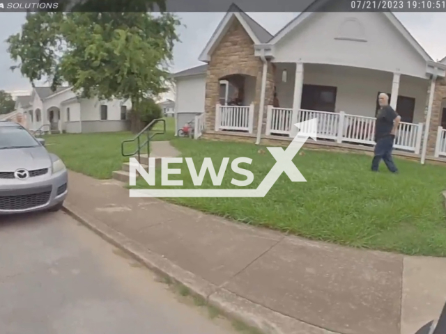 Image shows a police officer from the Lebanon Police Department, in the city of Nashville, Tennessee State, USA, shooting a man who fatally shot a woman, undated photo. The incident happened on Friday, July 21, 2023. Note: Photo is a screenshot from a video. (Lebanon Police Department/Newsflash)