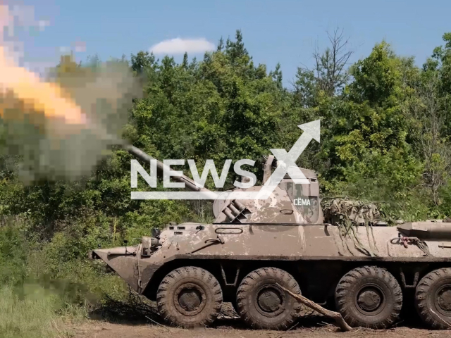 Russian self-propelled artillery gun Nona-SVK fire at Ukrainian military positions near Lyman in in Donetsk Oblast in Ukraine in undated footage. The footage was released by the Russian MoD on Wednesday, Jul. 26, 2023.
Notes: Photo is screen from a video. (Ministry of Defense of Russia/Newsflash)