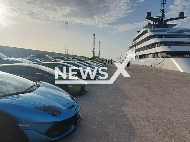 Photo shows the luxury Lamborghinis in the port of Monopoli, Italy. They are there for passengers of Emerald Azzurra cruise. 	
Notes: Private pictures (AS.Portuale di Mare Adriatico Meriodionale/Newsflash)