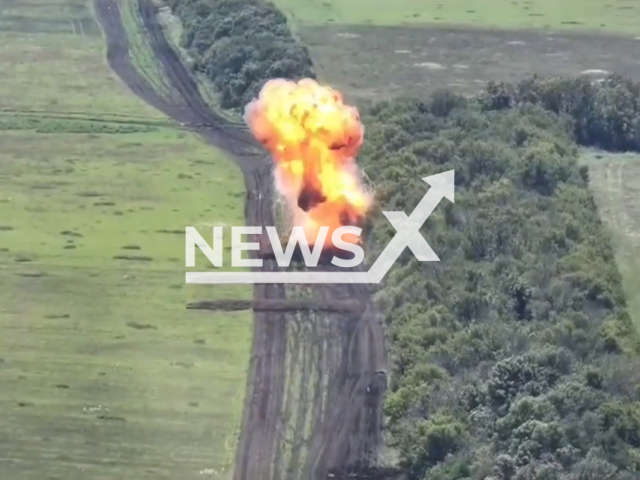 Ukrainian FPV Drone destroys Russian tank on the frontlines in Ukraine in undated footage. The footage was released by the Ground forces of the Armed Forces of Ukraine on Wednesday, Jul. 26, 2023. Notes: Photo is screen from a video. (@72.brigade.best/Newsflash)