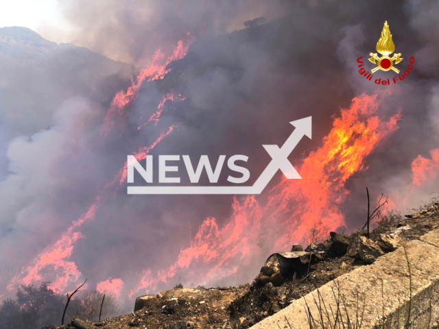 The work of the firefighters continues without pause in the fight against forest fires, 1,387 interventions have been carried out in southern Italy since the fire started, the picture is from operations on 25 July 2023. Note: Picture is from the fire brigade (National Fire Brigade Italy/Clipzilla)