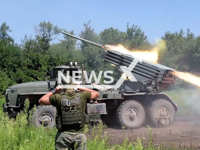 Russian MLRS "Grad" fire at Ukrainian military positions in Maryinka 's direction in Donetsk region in Ukraine in undated footage. The footage was released by the Russian MoD on Thursday, Jul. 27, 2023.
Notes: Photo is screen from a video. (Ministry of Defense of Russia/Newsflash)