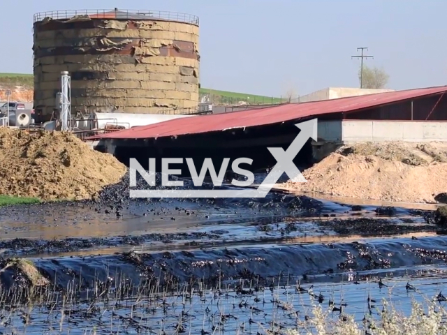 An asphalt boiler exploded at a construction site owned by an asphalt company, spreading pitch across the surrounding farmland in Edirne, Turkey. Note: Picture is a screenshot from a video (Newsflash)