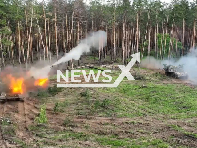 Russian Artillery destroys Ukrainian military positions near Lyman in Ukraine in undated footage. The footage was released by the Russian MoD on Thursday, Jul. 27, 2023.
Notes: Photo is screen from a video. (Ministry of Defense of Russia/Newsflash)