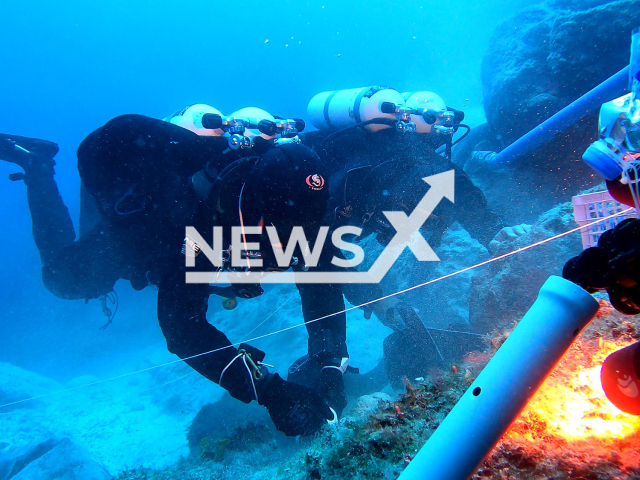 Image shows the underwater excavation work, undated photo. Swiss and Greek archaeologists recently completed the third season of excavations on the wreck of Antikythera, Greece. Note: Licensed content. (GoPro Cam, ESAG-UNIGE/Newsflash)