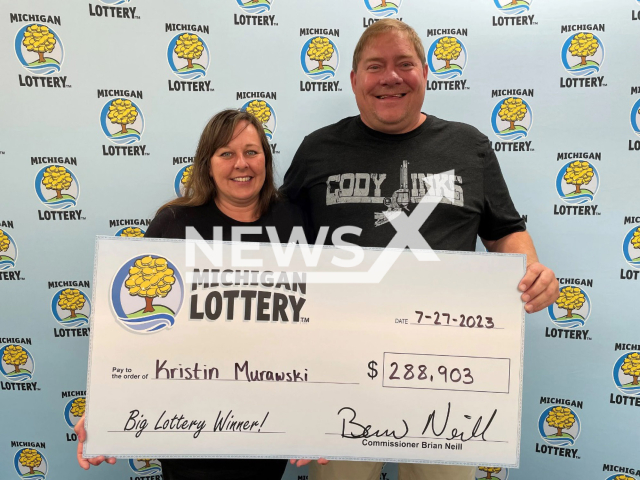 Kristin Murawski, 46, and her husband Scott, pose in undated photo. The couple from the area of Willis, Michigan State, USA, won USD 288,903 (GBP 226,037) on the lottery in July 2023. Note: Licensed content. (Michigan Lottery/Newsflash)