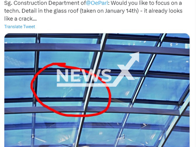 Image shows the Austrian Parliament's cracked glass dome, undated photo. It was damaged by crows throwing rocks in July 2023. Note: Photo is a screenshot from a post. (Newsflash)