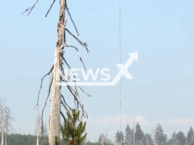 A K-Max Helicopter dips a water bucket from Game Lake, Oregon. Helicopters are supporting ground resources by cooling down areas of heat on the Flat Fire on the 27th of July 2023. Note: This picture is a screenshot from the video. (InciWeb/Clipzilla)