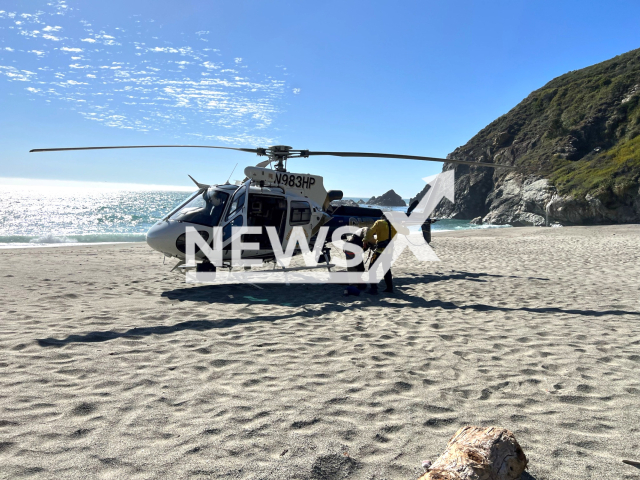 A California Highway Patrol helicopter crew on Tuesday helped rescue a woman and her dog from a seaside cliff south of Big Sur section of the Central Coast of California, United States on 25 July 2023. Note: Police photo (CHP - Coastal Division Air Operations)