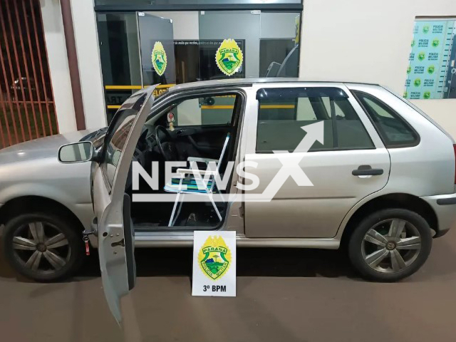 Photo shows car with a beach chair in place of the driver's seat. The vehicle was seized by the Military Police in Pato Branco, Parana in Brazil on Friday, July 28, 2023.
Note: Police (Policia Militar do Parana/Newsflash).