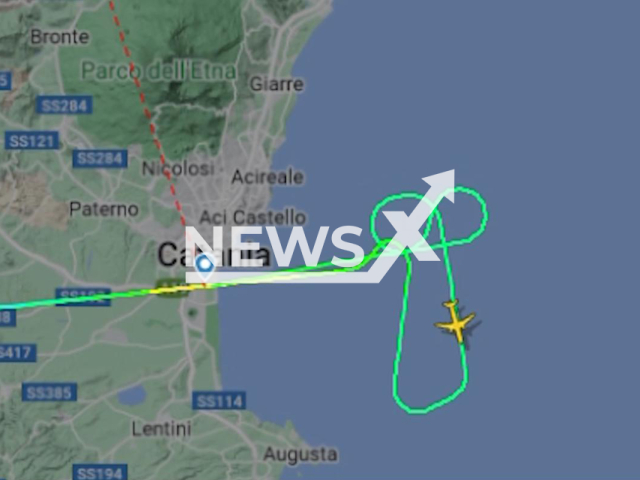 Photo shows a penis-shaped flight pattern followed by a Lufthansa flight that diverted to Malta, undated. The massive phallic shape was more than 24 kilometres long and took the pilot more than 16 minutes to complete. Note: Picture is private (Flight Radar/Newsflash)