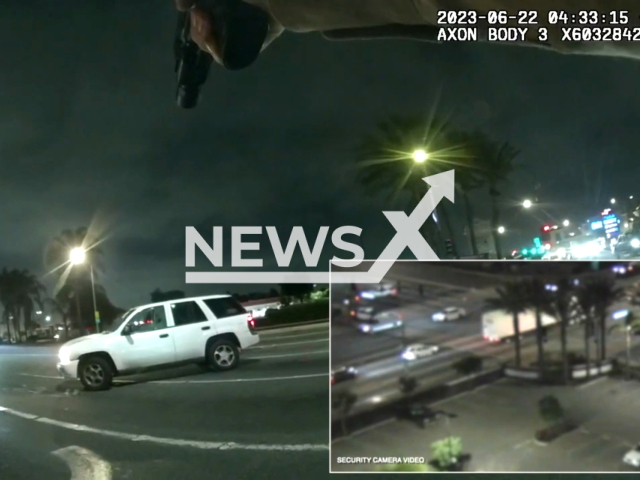 L.A. deputy opens fire on man ramming patrol car with SUV in Bell Gardens, California, United States on the 22nd of July 2023. Note: This picture is a screenshot from the video. (Los Angeles County Sheriff's Department/Clipzilla)