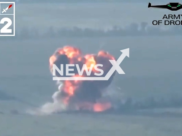 SBU kamikaze drone destroys Russian tank near Bakhmut in Ukraine in undated footage. The footage was released by the drone army on Tuesday, Aug. 1, 2023. Notes: Photo is screen from a video. (@army.of.drones/Newsflash)