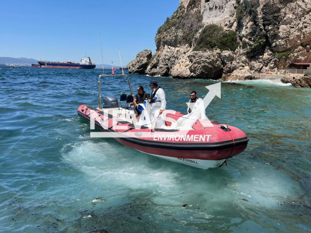 Picture shows the  Departament of Environment staff responding to the oil spill in the Gibraltar Bay, Spain, on Tuesday, August, 2023. The ship  Gas Venus was refueling  when the leak occurred. Note: Government photo. (@ThinkingGreenGI/Newsflash)