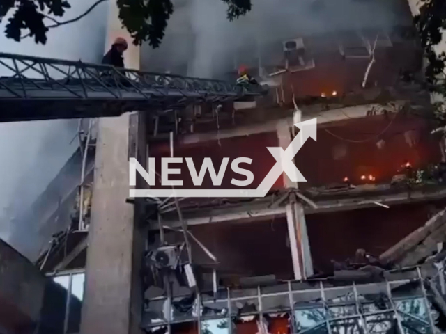 Emergency workers liquidate the consequences of the night Russian attacks in Odesa in Ukraine on Wednesday, Aug. 2, 2023. According to Ukrainian officials, the Ukrainian Air defence forces destroyed 11 Shahed-136 attack drones during a night strike in the south of Odesa Oblast.
Notes: Photo is screen from a video. (@StratcomCentreUA/Newsflash)