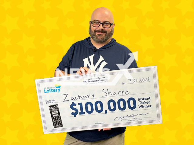 Zachary Sharpe from the city of Thomasville, North Carolina State, USA, poses in undated photo. He won USD 100,000 (GBP 78,231) on the lottery in July 2023. Note: Licensed content. (North Carolina Education Lottery/Newsflash)