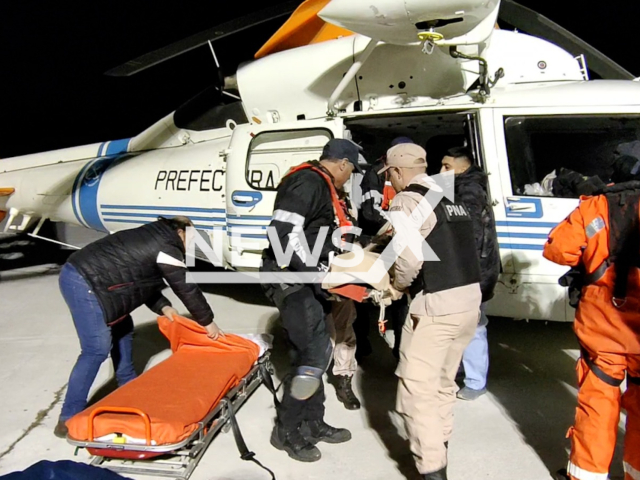 Emergency crews air-evacuate a crew member of a fishing boat who required urgent medical attention, while the ship was sailing more than 550 kilometres offshore from Comodoro Rivadavia, Argentina. Note: Licensed content. (Prefectura Naval Argentina/Clipzilla)