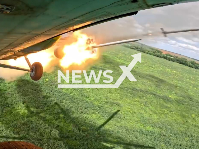 Ukrainian helicopters fire missiles at Russian military positions on the frontlines in Ukraine in undated footage. The footage was released by the 12th separate brigade of army aviation of Ukraine on Wednesday, Aug. 2, 2023.
Notes: Photo is screen from a video. (@12o.br.AA/Newsflash)