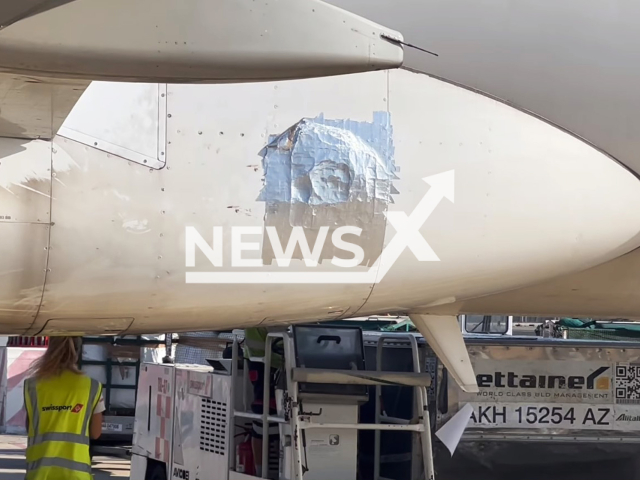 Photo shows the latter with a big hole, patched up with scotch tape. Passengers had been traveling with the plane from  Cagliari to Rome in Italy on Wednesday, August 02, 2023.
Note: Photo is a screenshot from a video(Newsflash).