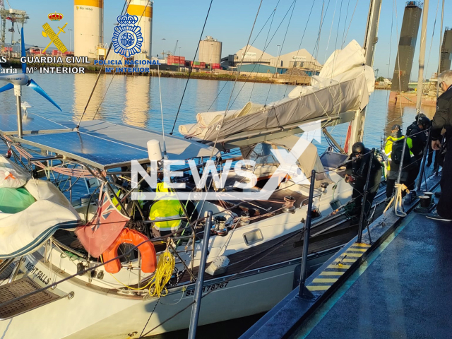 Picture shows police investigating the sailboat, in Spain, undated. A sailboat with 2,000 kilos of cocaine was intercepted in the Cantabrian Sea 30 miles off the Spanish coast. 
Note: Police photo. (Newsflash)