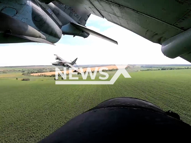 Russian Su-25SM attack aircrafts launch missile attack on the Ukrainian mortar crews in the Lyman direction in Ukraine in undated footage. The footage was released by the Russian Ministry of Defence on Thursday, Aug. 3, 2023.
Notes: Photo is screen from a video. (Ministry of Defense of Russia/Newsflash)