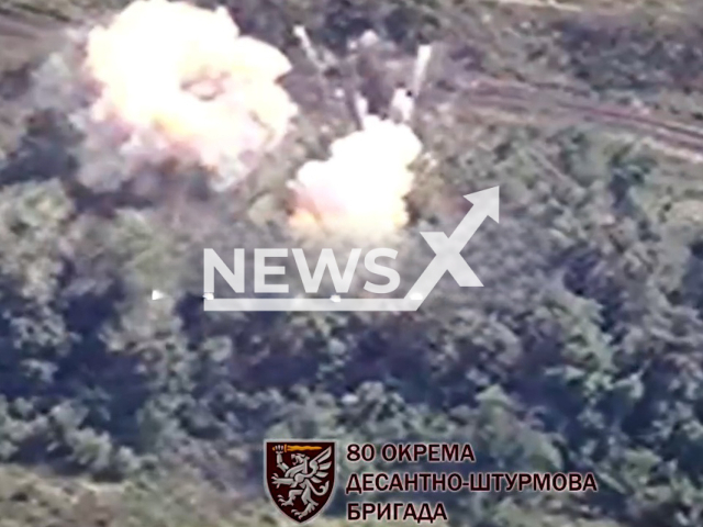 Ukrainian HIMARS destroys hidden Russian Buk missile system in Ukraine in undated footage. The footage was released by the 80th separate amphibious assault brigade on Thursday, Aug. 3, 2023.
Notes: Photo is screen from a video. (@80brigade/Newsflash)