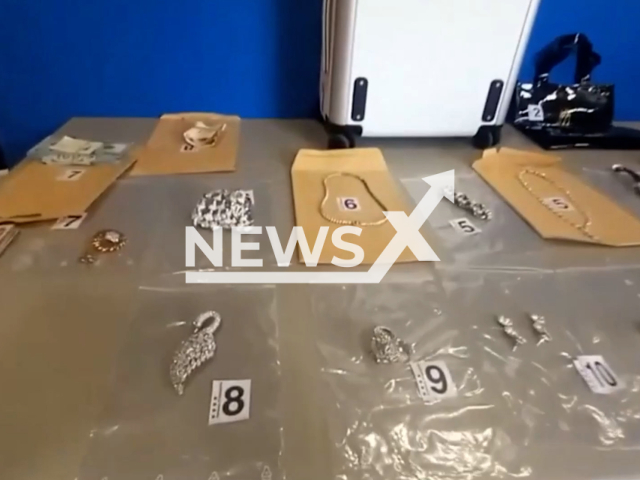 Picture shows the jewelry and watches worth EUR 8.5 million (GBP 7.3 million) stolen at El Prat airport in Barcelona, Spain, undated. Police arrested a  couple that took the suitcase containing the jewelry from a family of Russian tourists   in the check-in queue for an Emirates airline flight. Note: This picture is a screenshot from the video. (Newsflash)