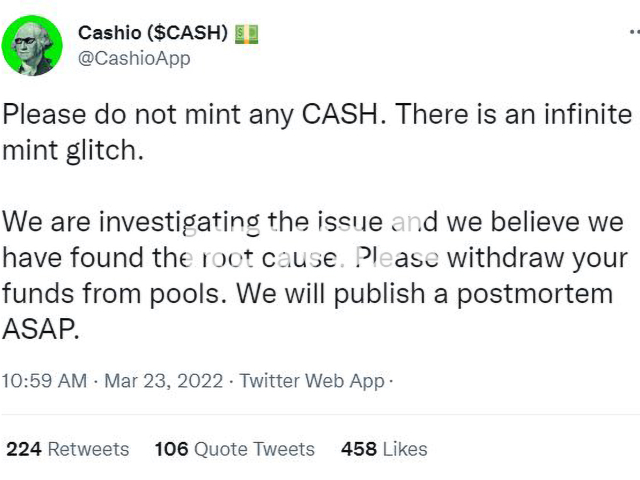 A statment from Cashio regarding  an infinite mint glitch, on 23rd March. Note: Photo is a screenshot from post. (Newsflash)