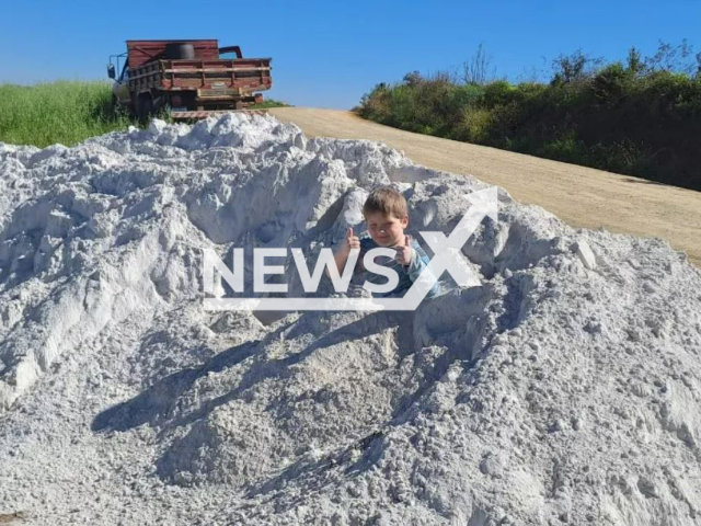 Arthur Emanuel Bitencourt, 7, poses with limestone in Ipiranga, Brazil,  on Thursday, Aug. 3, 2023.  He died  while playing in the limestone. Note: Private photo. (Newsflash)